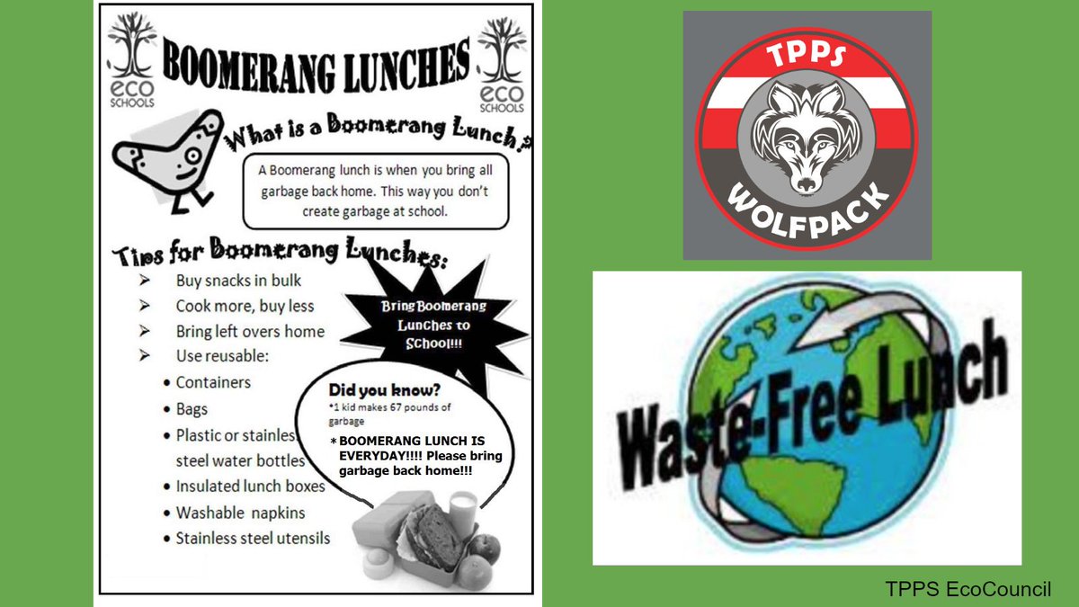 EcoTPPS's tweet photo. Dont forget to pack your boomerang lunches. No food waste or lunch recycling is accepted at school. Please make sure you plan your lunches to take all waste back home #ReduceReuseRecycle #wastenot @TonyPontesPS https://t.co/2OqIzwOD4P