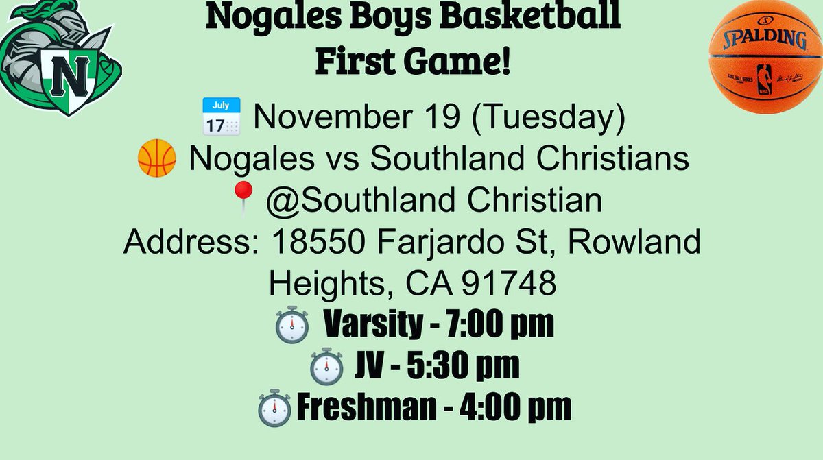 NogalesHoops's tweet photo. Boys Basketball First Game will be on Tuesday, November 19. We would like to see our Nogales Family to support our boys to start off their season. We Hope To See You There!

#Nobles #NobleHoopers
#NobleFamily #AlwaysANoble
@NogalesNobles 
@NobleDungeon https://t.co/rvWDKGvYjs