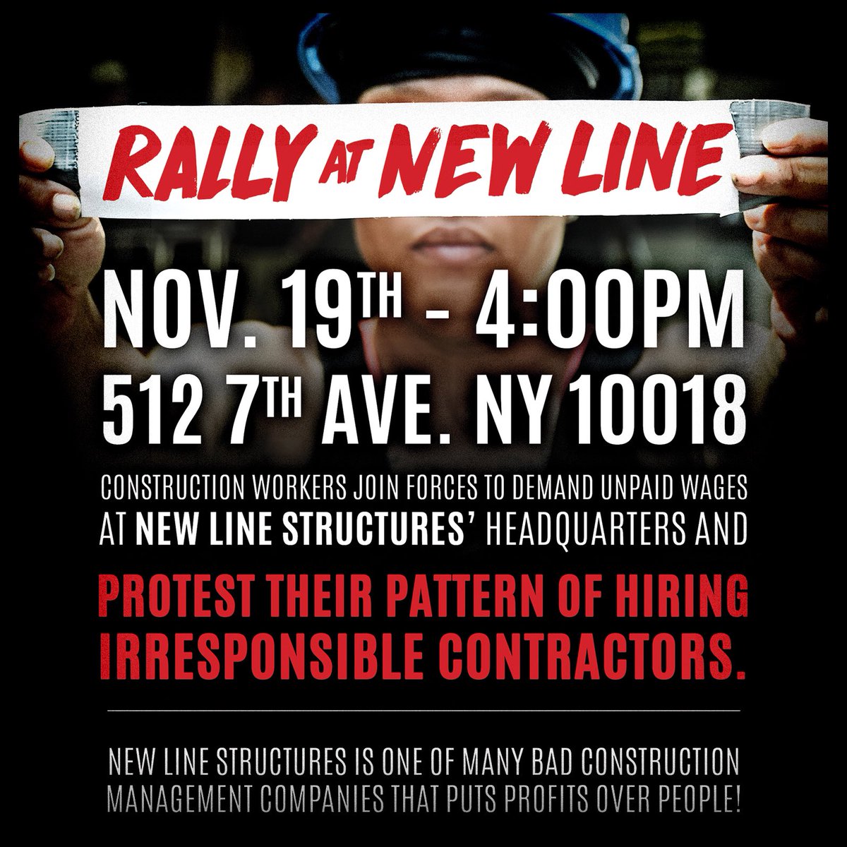 NYSLOF's tweet photo. JOIN US TUESDAY! #Union &amp; nonunion construction workers join forces to deliver an invoice to #NewLineStructures for owed wages by their hired subs. #EndWageTheft

#Justice4ConstructionWorkers #LIUNA #Accountability #CIMexposed https://t.co/5Md23sBOQo