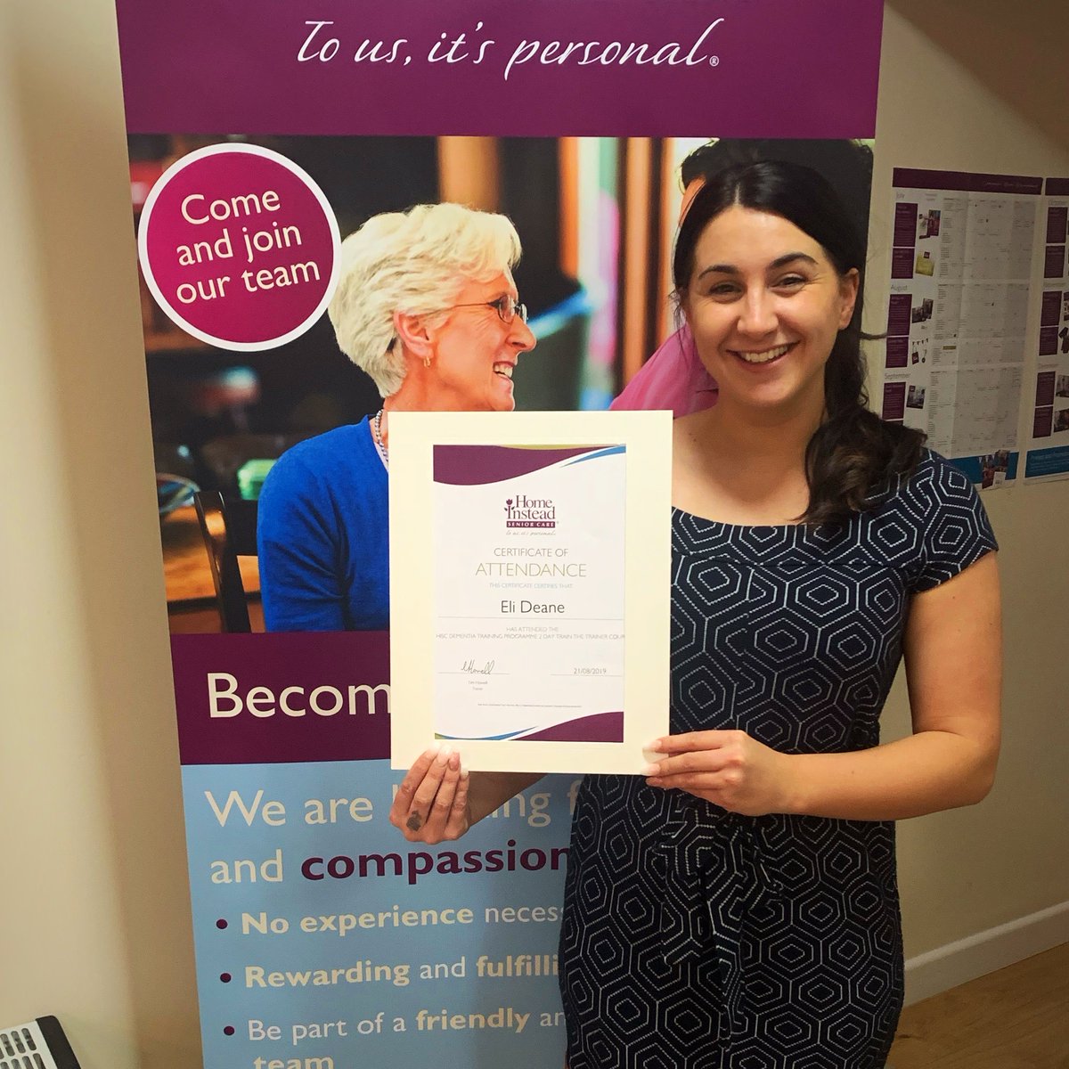 HomeInsteadNewp's tweet photo. Congratulations to our Recruitment and Training Manager, Eli Deane on completing our Home Instead Senior Care Dementia Training Programme Train the Trainer Course. Good work! 😀 https://t.co/l0ItKxyOpk