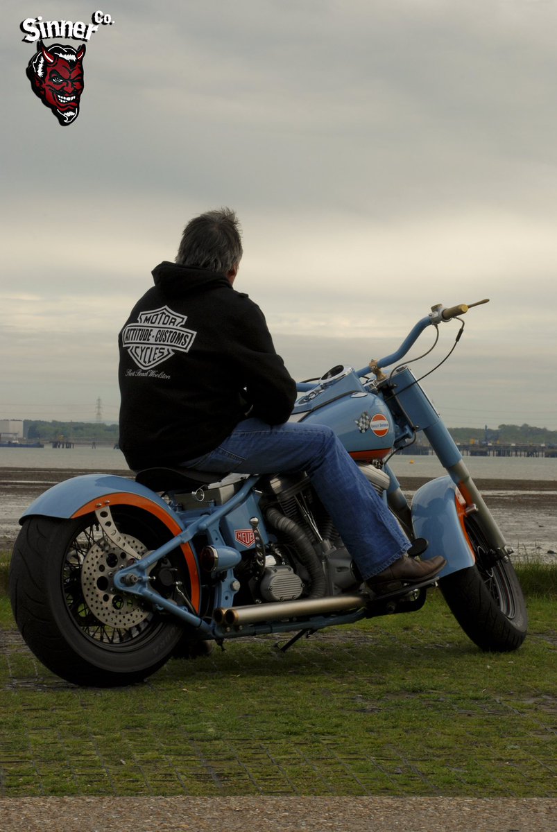 SinnerCo's tweet photo. Revisiting some old photos from years ago. Cool to see how I’ve developed over the years. These are of my old mans Gulf Oil inspired @harleydavidson #fatboy. I loved watching Dad build this, and I’m loving building my own chop. Thanks for the influence pop 🍻 https://t.co/S8mk3QgsPZ