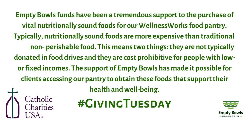 EmptyBowlsMon's tweet image. Giving Tuesday is set for December 3! 👐Catholic Charities of WV will be among the non-profits supported by this year's initiative! 💸#GivingTuesday #december #fundraiser #event #donate #donation #emptybowlsmon