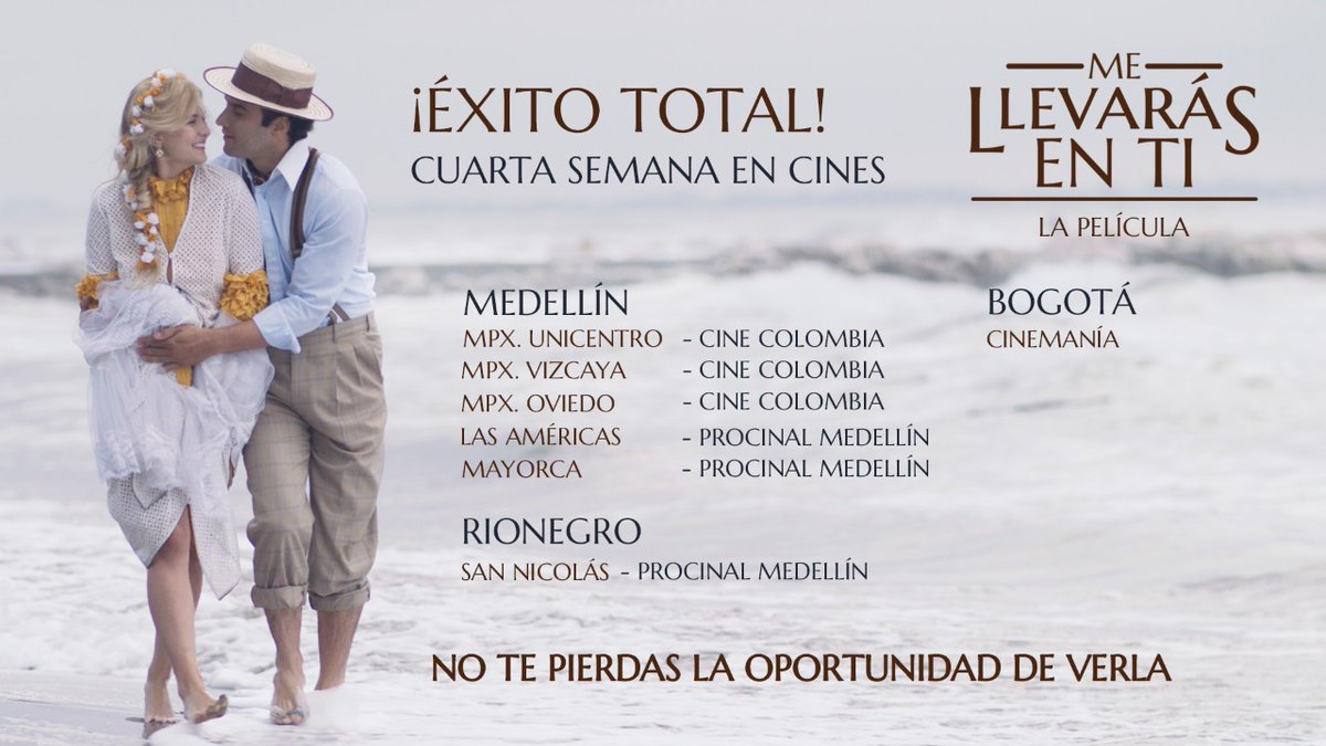 mellevarasenti's tweet photo. MEDELLÍN - RIONEGRO - BOGOTÁ No se pierdan la oportunidad de ver en familia la película #MeLlevarásEnTi, una historia de amor ❤️ basada en la vida del empresario paisa Gonzalo Mejía 🇨🇴🎬. https://t.co/gl4PgMhT6s