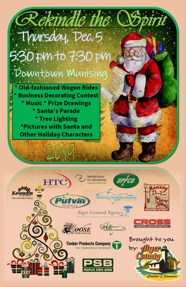 AlgerChamber's tweet photo. Mark your calendars! Rekindle the Spirit 2019 will be held from 5:30 p.m. to 7:30 p.m. on Thursday, Dec. 5 in downtown Munising! 

#rekindlethespirit #munising #munisingmi #holidaycheer
#shoplocally #algercounty https://t.co/4P6s2N1JSW
