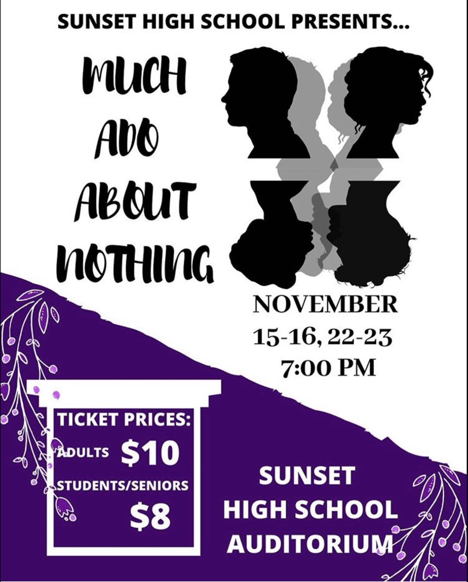 The Sunset Apollo fall play “Much Ado About Nothing” begins tonight! It begins at 7:00 pm, in the auditorium. Showings will be on November 15th, 16th, 22nd, and 23rd. Hope to see you there! #goapollos 
Trailer: instagram.com/p/B44CJTzhM8Q/…