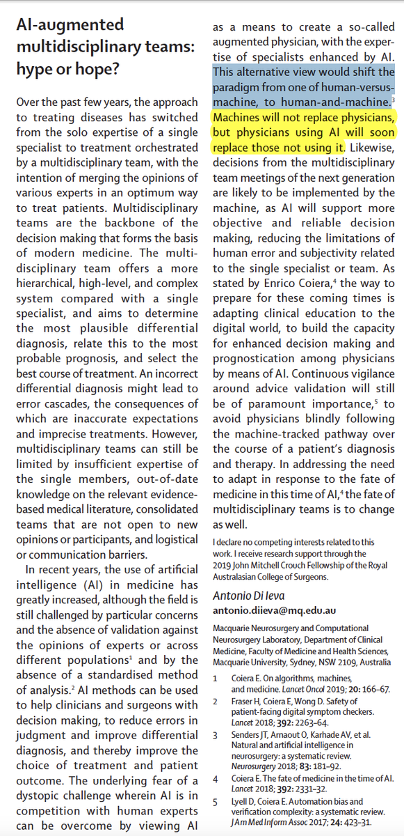 EricTopol's tweet photo. That's right: "Machines will not replace physicians, but physicians using #AI will soon replace those not using it."—@antonio_ieva 
https://t.co/ET4l8BqQX8 @TheLancet https://t.co/uU0VLhkC2O