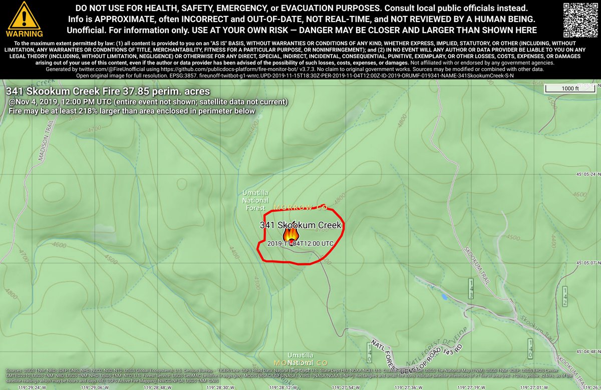 PacNWFireBot's tweet photo. #341SkookumCreekFire 🔥 unofficial, automated update.
~18mi N of Monument, OR. ⚠️ DO NOT USE FOR SAFETY PURPOSES - See officials instead. May be incorrect; disclaimers in images. https://t.co/OLtQ0PxNJB