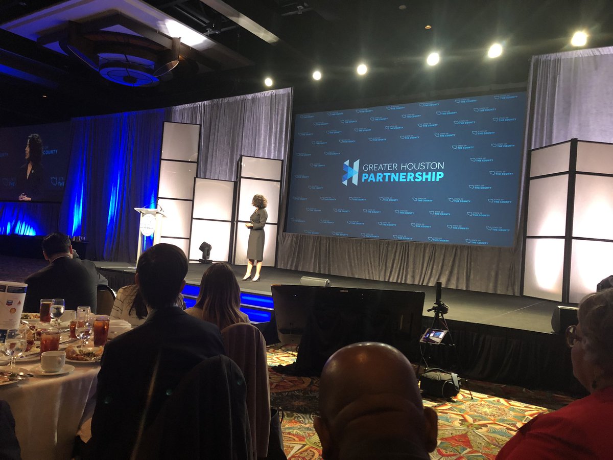 RepWalle's tweet photo. Listening to Harris County Judge @LinaHidalgoTX State of County Address at @GHPartnership lunch. Good quote about lacking political experience with ignorance of her limits. Don’t underestimate Judge Hidalgo. #txlege #StateofCounty https://t.co/Z5wwT82cDj