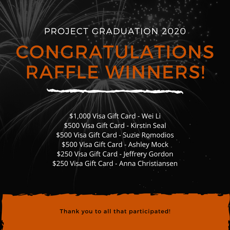 Congratulations to our Raffle Ticket Winners! A huge Thank You! to all that participated in our raffle this year! We appreciate your continued support for Project Graduation and our 2020 Seniors!