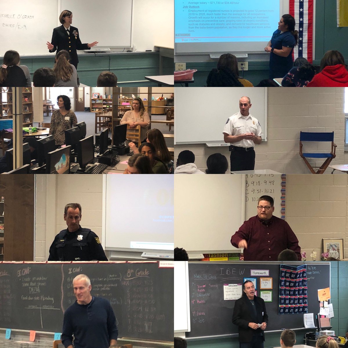 Flight attendants, nurses, air traffic controllers, firemen, police officers, welders, artists, electricians, and many more careers at WMS career day. Thank you to all the presenters.