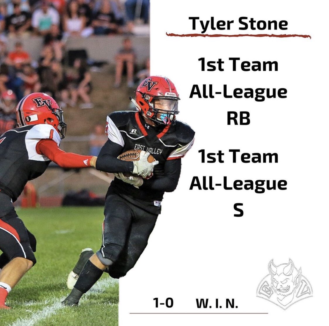 Tyler_st0ne's tweet photo. Sad to say my junior season has come to an end but I am extremely honored and blessed to be chosen as 1st team running back and 1st team safety🙏#deviltillidie👹 https://t.co/rj4EMqr9qr