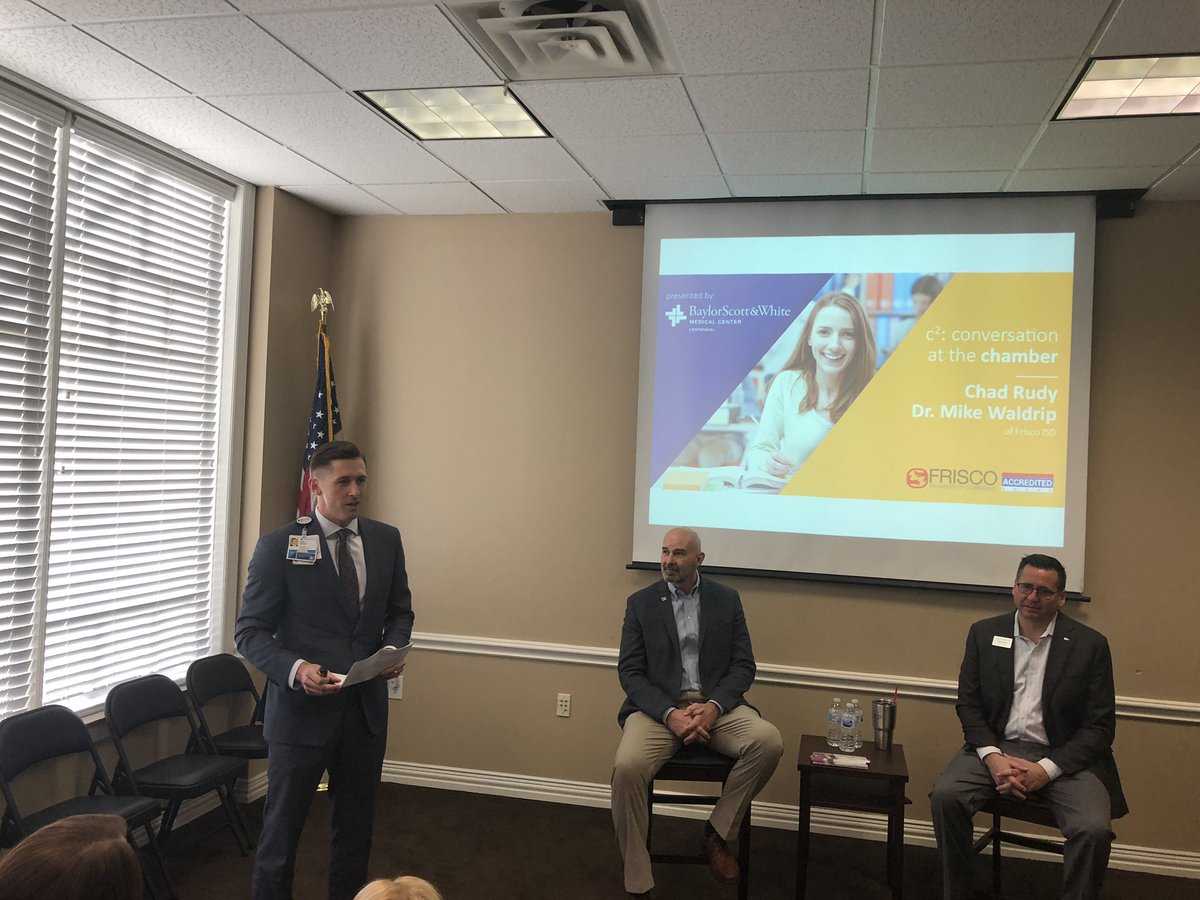 FriscoEntrepren's tweet photo. Great crowd for Conversation at the Chamber this morning with @friscoisd Superintendent Dr. Mike Waldrip and Board President Chad Rudy. Thank you to our presenting sponsor Baylor Scott &amp; White Centennial. @bswhealth https://t.co/uhdCik1NHE