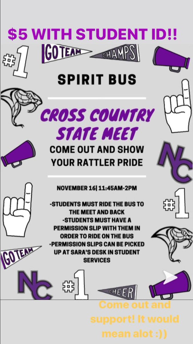 What’s up NC! Let’s not forget about our Cross Country State Meet tomorrow!! Take the spirit bus and go support our team ‼️‼️