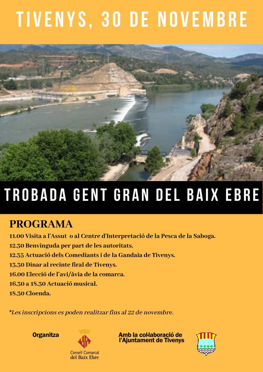 El proper 30 de novembre gràcies al <a href="/CCBaixEbre/">Consell Comarcal del Baix Ebre</a> celebrarem al nostre poble la trobada de la gent gran de la comarca del Baix Ebre😊 serem el centre de la comarca per un dia👌
