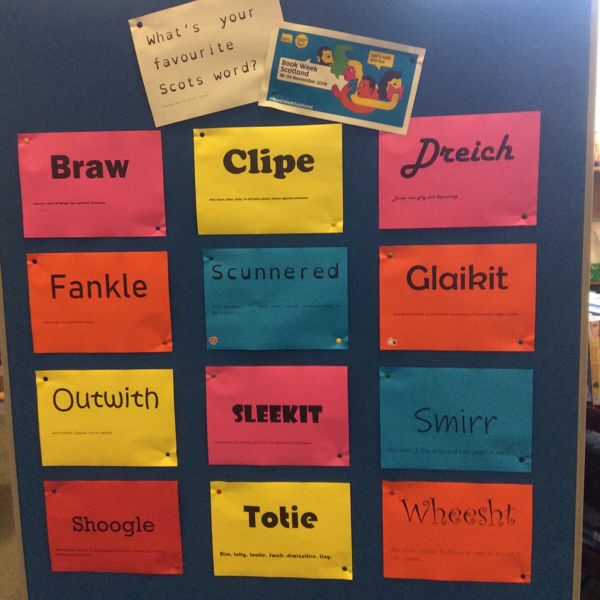 PerthAcadLib's tweet photo. Book Week Scotland is next week. Pop by the library to vote for your favourite Scots word. So far glaikit and scunnered are tied for first place. #BookWeekScot #FMReadChallenge #Scottishbktrust #LiteracyPKC1 #GreatSchLibs #CILIPSLG #CILIPScotland #ClareSBT1 #PerthAcademy https://t.co/3zJUxFNkuQ