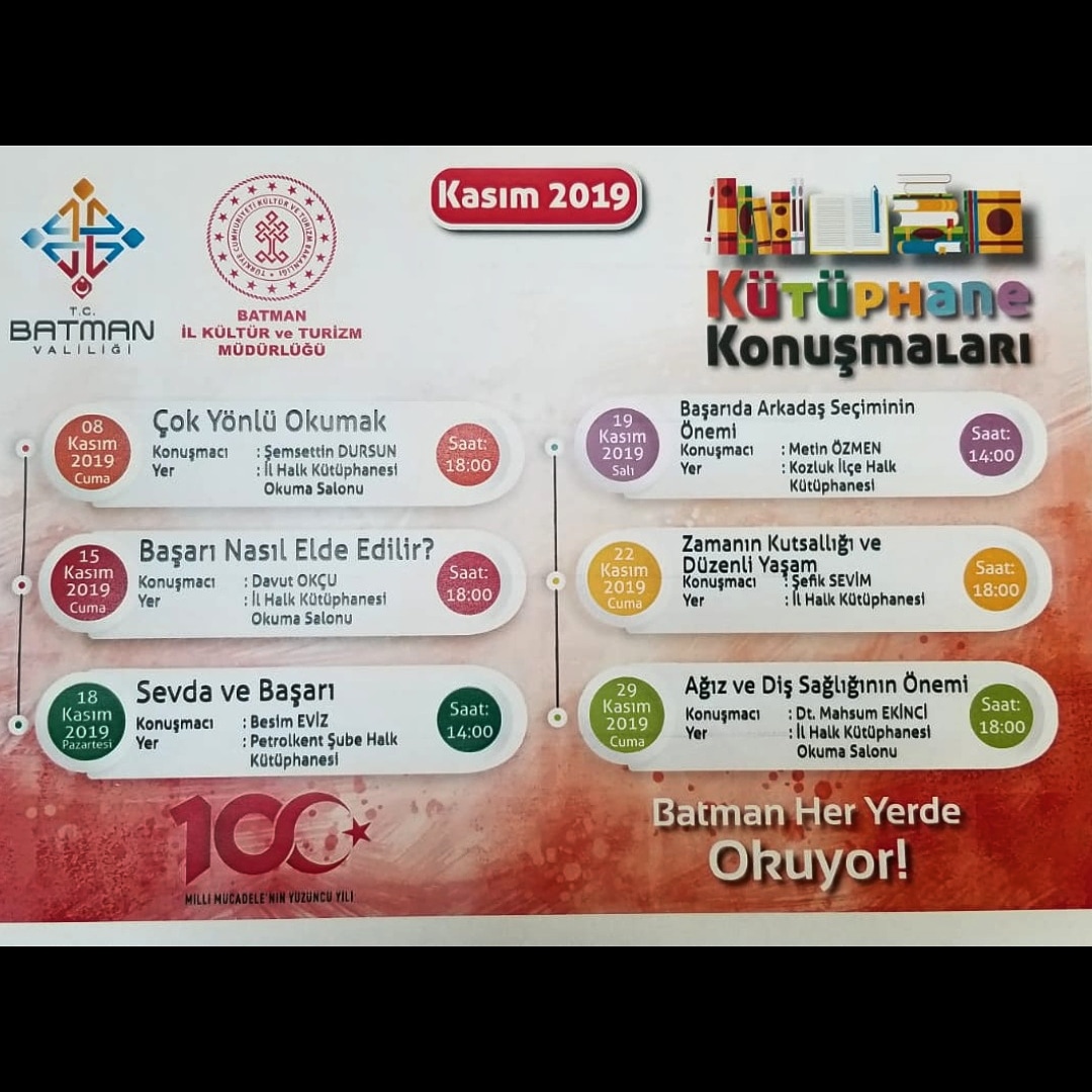 batmanihk's tweet image. &quot;Kütüphane Konuşmaları&quot; başladı.
Kasım ayı boyunca her hafta birbirinden değerli konuşmacılar ile sizleri biraraya getiriyoruz.
#batmanheryerdeokuyor
#librarytalks