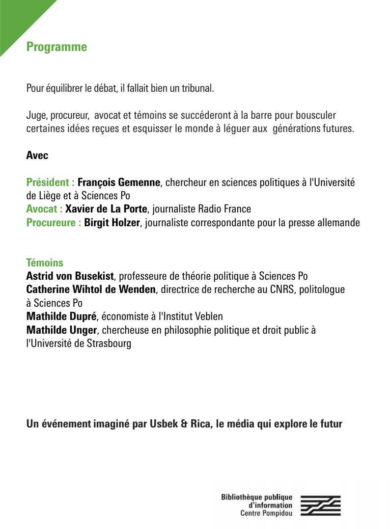 Gemenne's tweet image. Ce samedi à 18h30, une conférence très originale à la @Bpi_Pompidou : Faut-il supprimer les frontières ? Sous la forme d'un Tribunal pour les Générations Futures, dont je serai très heureux (et honoré !) d'assurer la présidence. Bienvenue à tous !
bpi.fr/agenda/tribuna…