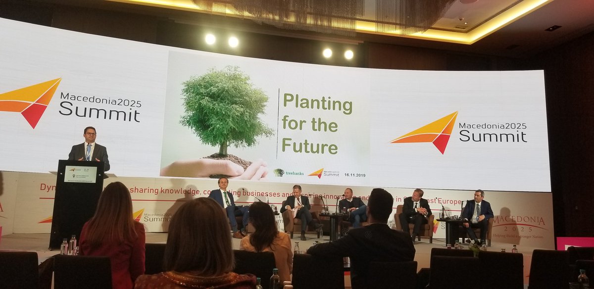 enaumovski's tweet photo. At @Macedonia2025 Summit and what an inspirational two days. @treebanks1 just finished their presentation. I bought a t-shirt from them yesterday. With every t-shirt they sell, they will plant a tree. Tomorrow they are planting 100 trees at #Vodno #Skopje #Macedonia #Mk2019 https://t.co/5Butpq9VWY