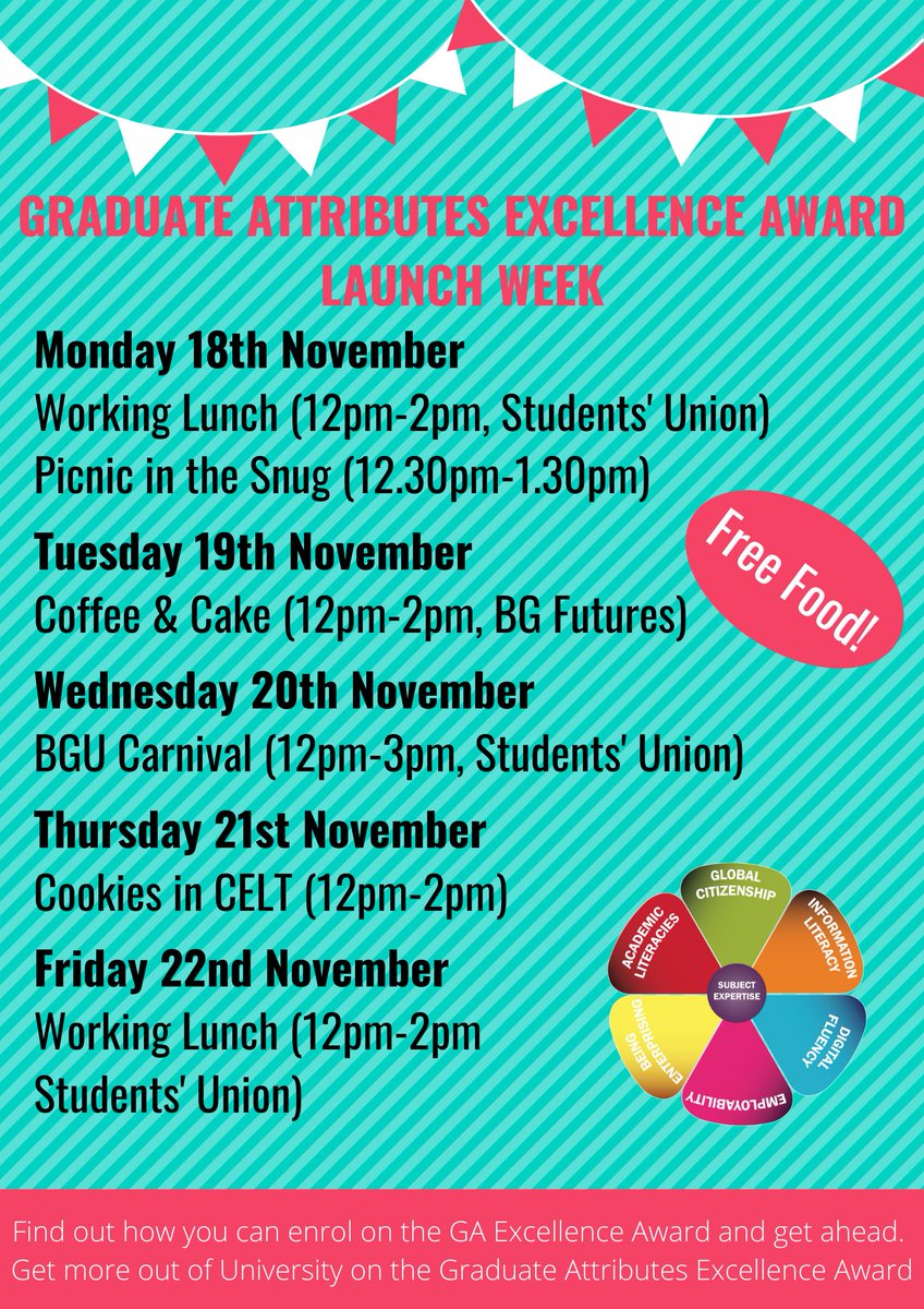 Next week is launch week for our Bishop Grosseteste University  Graduate Attributes Excellence Award! Check out what’s happening, how to sign up and where to get FREE FOOD here! #bgfutures #graduateattributes