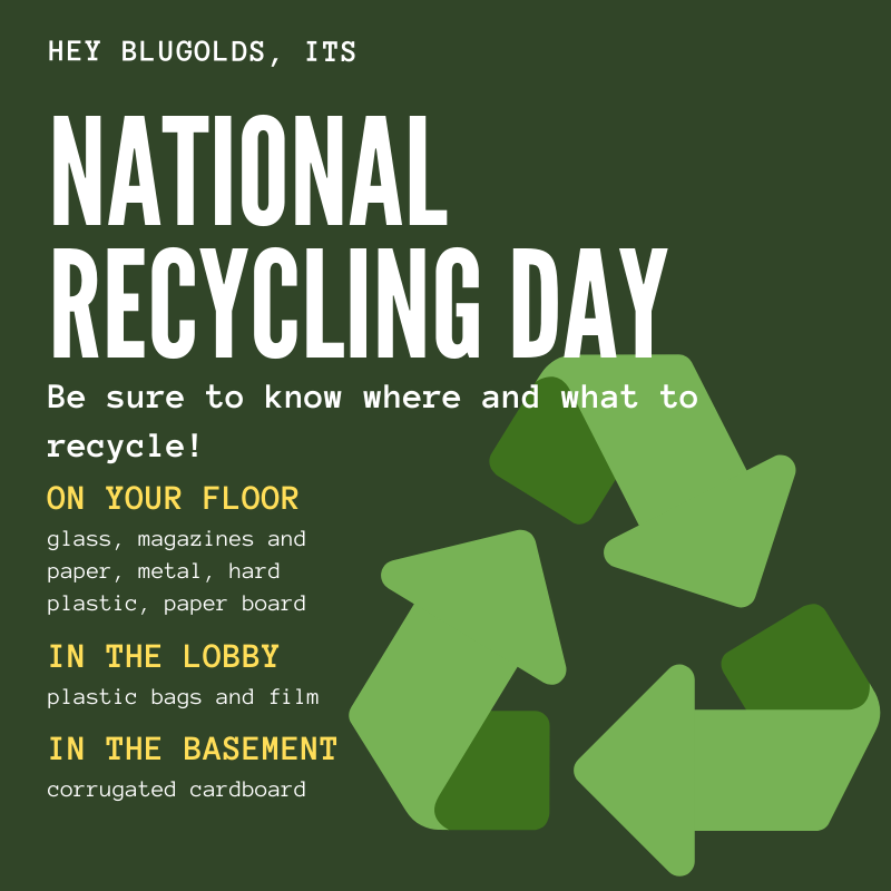 UWECHOUSING's tweet photo. It's National Recycling Day! ♻️Do you know what and where to recycle? We hope so, but everyone needs a reminder now and then. If you're still unsure, most trash and recycling bins on campus tell you what to recycle and what should be thrown out. Happy recycling, Blugolds! #uwec https://t.co/ZvFvRIKgrE
