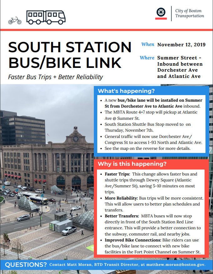 BostonBTD's tweet photo. Happy Friday! Are you looking for a faster more reliable trip? Do you take the bus or ride your bike? Today the new South Station Bus/Bike lane is going in the ground and it will be effective on Monday, November 18. #teambtd #keepingbostonmoving https://t.co/mHAdXZg9tt