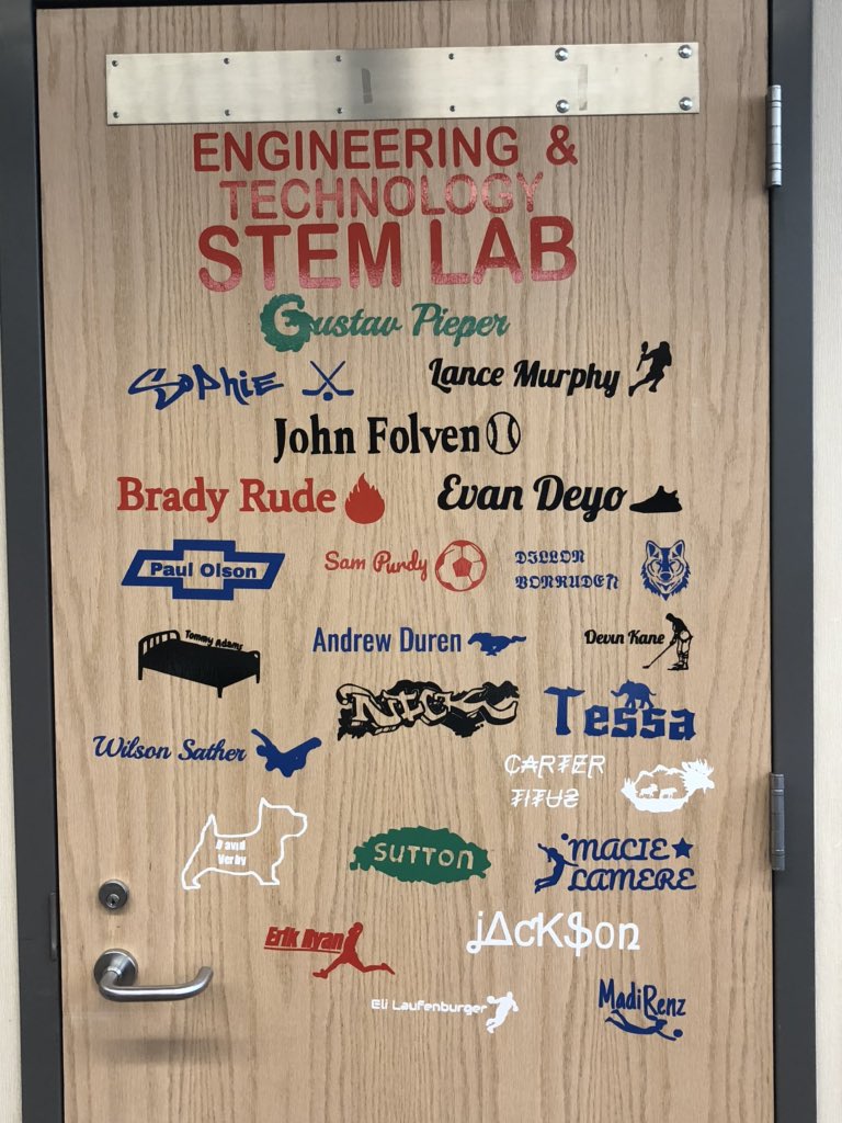 GeoDesign_LNHS's tweet photo. Classroom decor up and looking good! Thanks to our student designers for personalizing our classroom door! #stemlab #vinylstickercutter #lakevillenorth https://t.co/Ysuo7vkicE