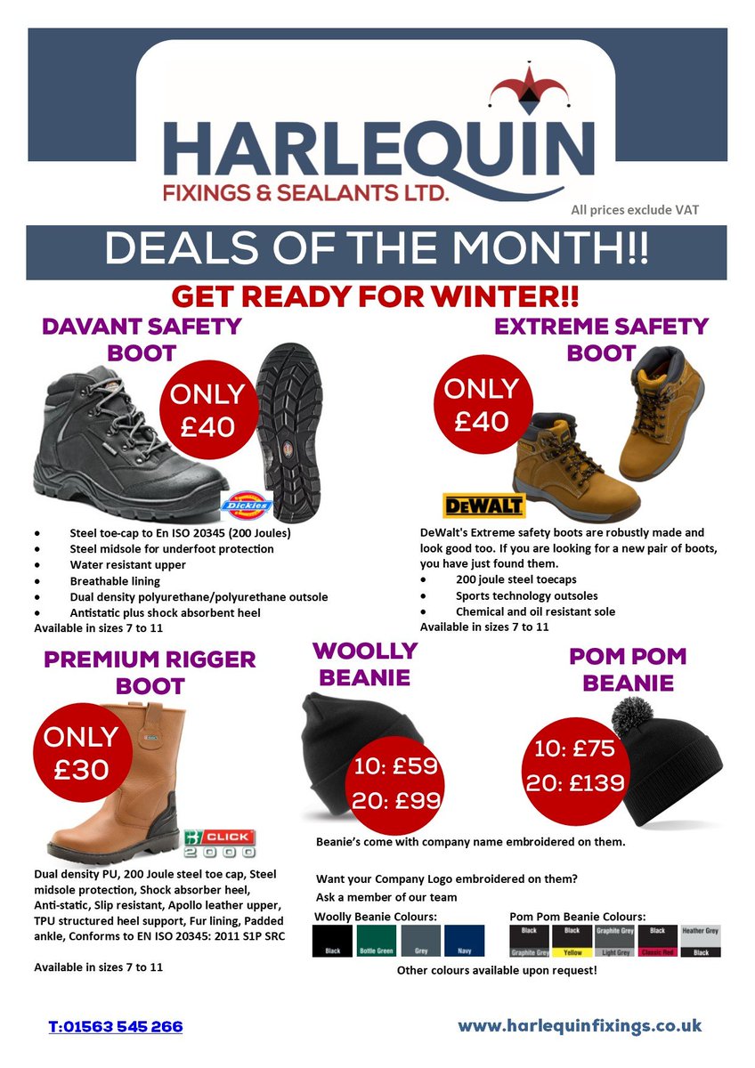 With it cooling down its time to get warmed up!
Treat yourself to a new pair of boots &amp; some embroidered beanie hats. To order Call: 01563 545 266 or Email: sales@harlequinfixings.co.uk #workwear #ppe #boots #winterwarmer
