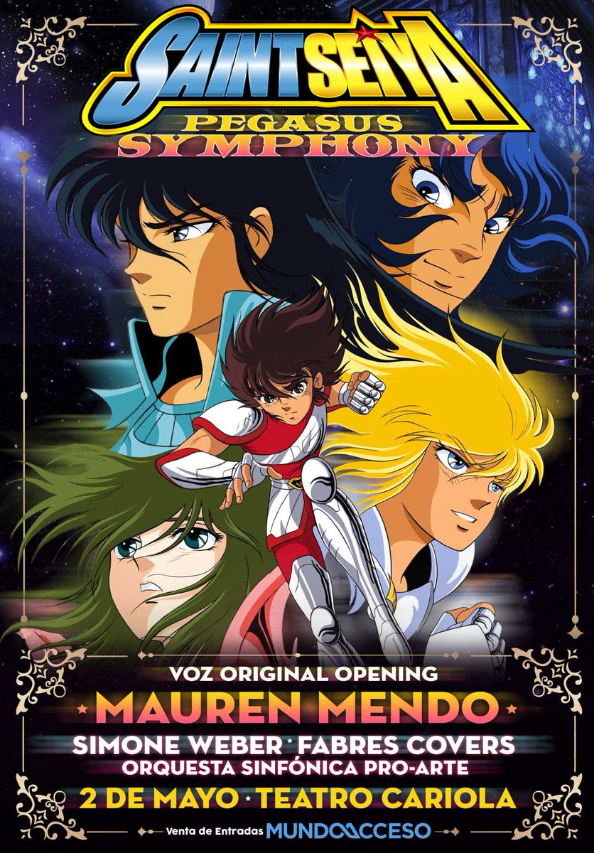 Mundoacceso's tweet photo. SAINT SEIYA PEGASUS SYMPHONY
 2 de Mayo de 2020 
 Teatro Cariola
Continúa en Chile la fiebre por la música de series animadas. Un nuevo ejemplo de esto es la confirmación de Saint Seiya Pegasus Symphony, un concierto inspirado en la música de la serie. #SaintSeiya https://t.co/4ImIZBqmJN