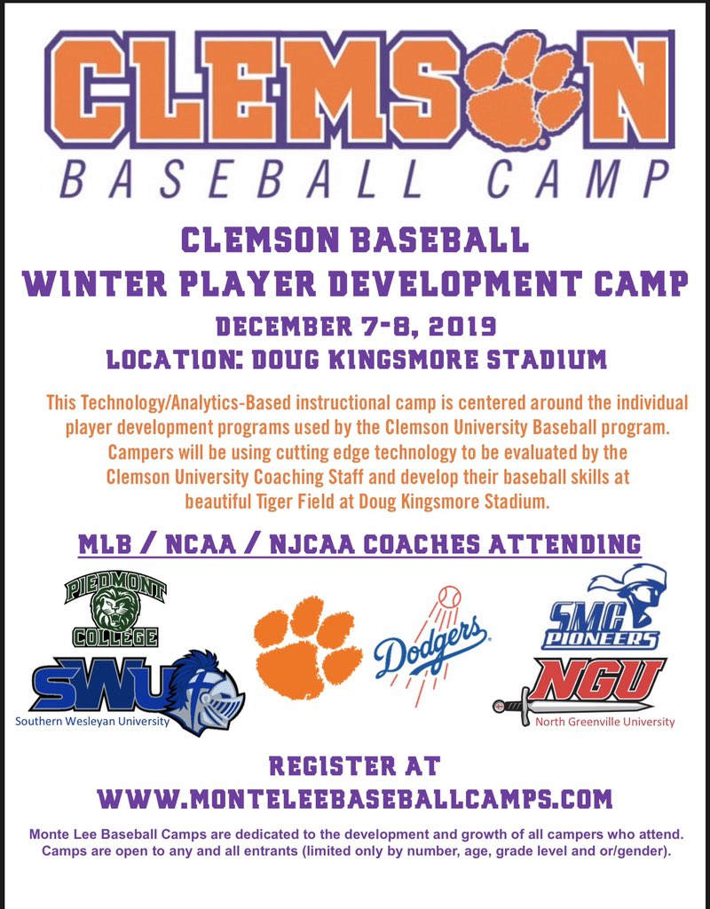 Jared Broughton™ (@coach_jaybee) on Twitter photo Interested in player development and cutting edge baseball technology? Less than a month away from one of the most unique camps in the country! Spots still available. <a href="/ClemsonBaseball/">Clemson Baseball</a> @MonteLeeCamps Interested in player development and cutting edge baseball technology? Less than a month away from one of the most unique camps in the country! Spots still available. <a href="/ClemsonBaseball/">Clemson Baseball</a> @MonteLeeCamps