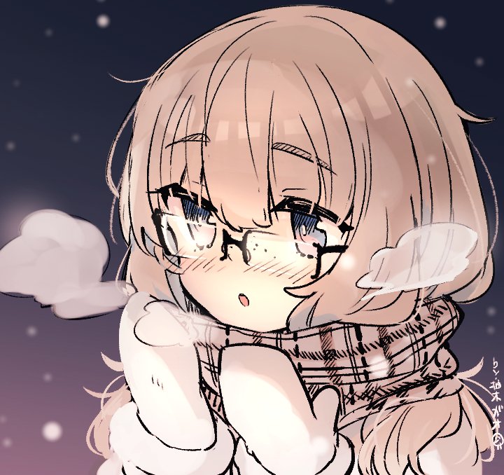 1girl solo mittens glasses scarf blush long hair  illustration images