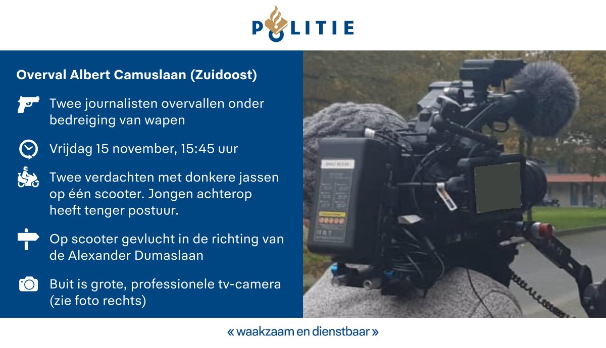 Cameraploeg in Zuidoost beroofd. Kijkt u uit naar twee jongens op een scooter, met een grote, professionele tv-camera? Bel voor tips met 0900-8844.
