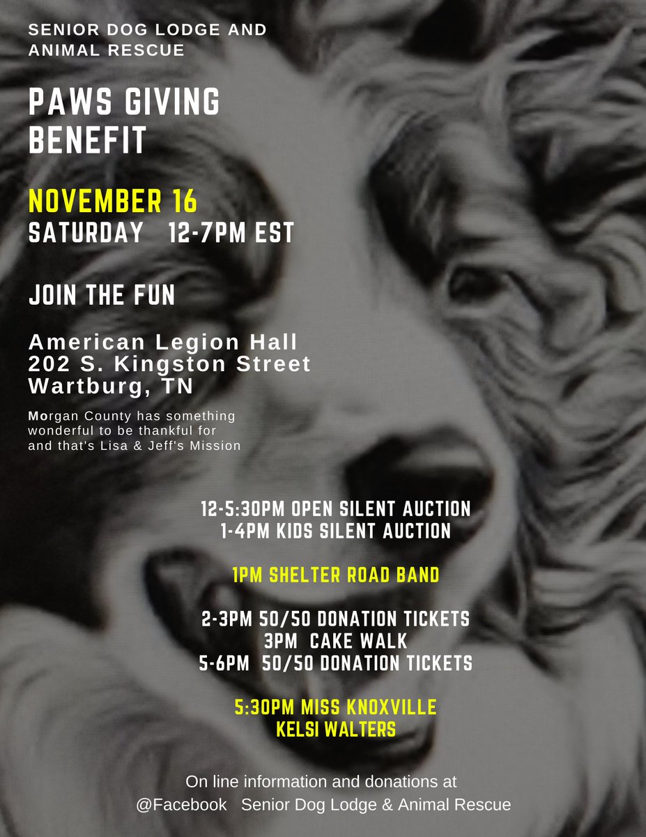 Paws Giving Benefit Nov 16 Saturday 12-7pm est
Lisa &amp; Jeff have taken in nearly 300 animals so far just this year alone in Morgan County, TN.   Some with very challenging medical needs.