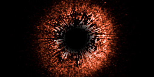 An orange-red circle with radial striations, making it resemble the iris of an eye
