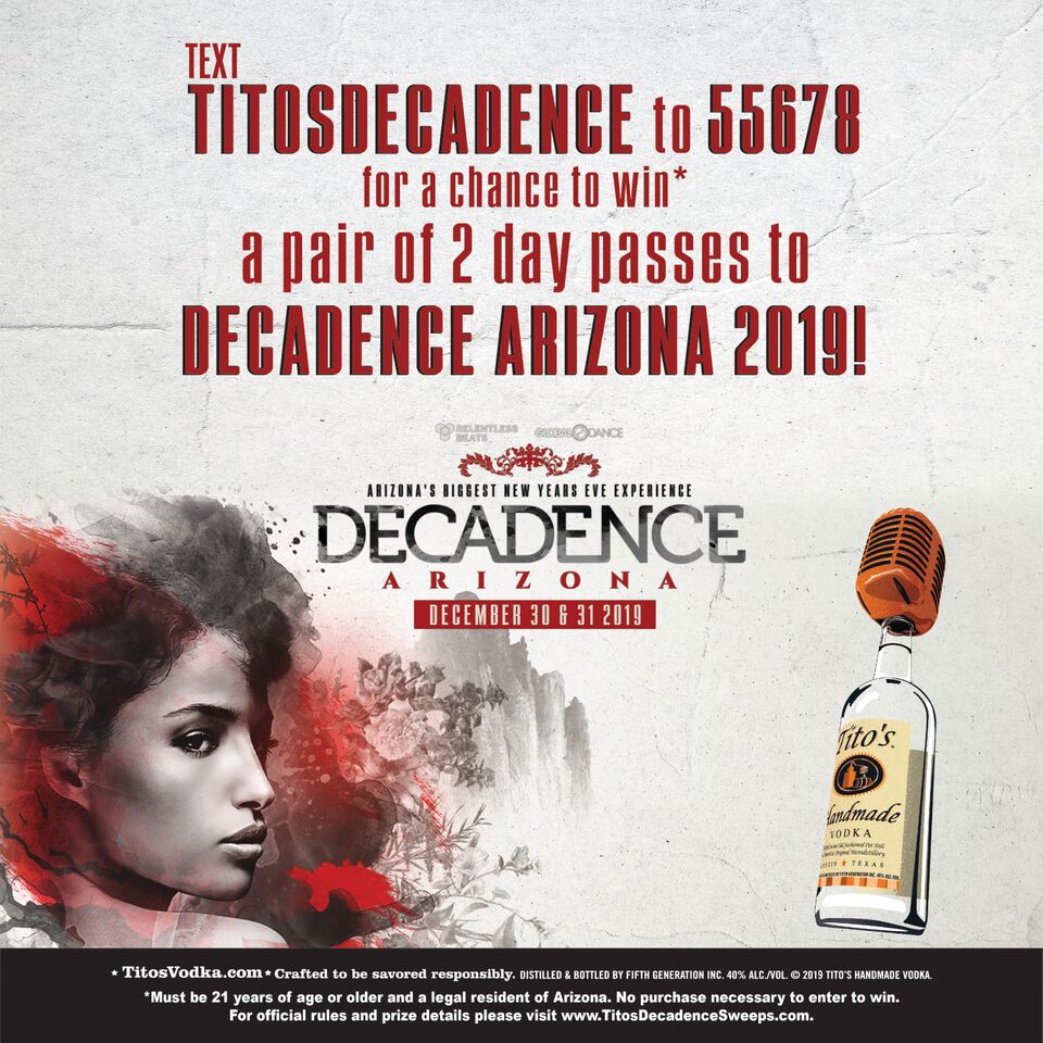 Big thanks to our partner Tito’s Handmade Vodka for their support. @titosvodka #titosvodka #lovetitos

Text TITOSDECADENCE
To 55678
For your chance to win a pair of 2 Day Passes to DECADENCE 2019!

For official rules and prize details please visit TitosDecadenceSweeps.com