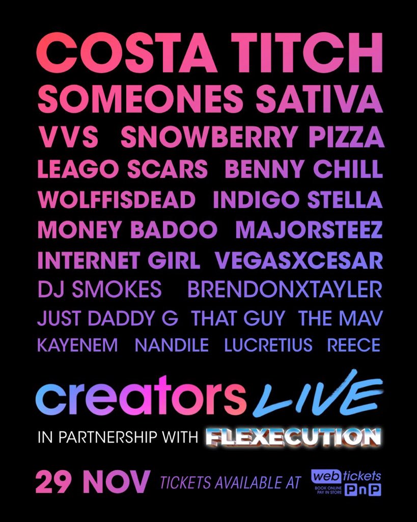Flexecution_sa's tweet photo. Creators, COME ALIVE! 
We’ve joined forces to bring you the Creators Live Event in partnership with Flexecution! 

First 100 people to buy their tickets to the Creators Live x Flexecution event get free tickets to the Flexecution Main Event. Yes 🚨🚀

#CreatorsLive #Flexecution19 https://t.co/UvYZuZ9hjx