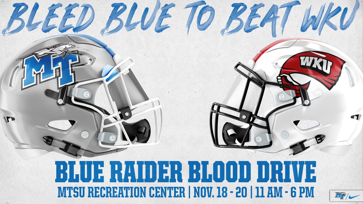 MTAthletics's tweet image. The Blue Raider Blood Drive is upon us!

Starting Monday and going until Wednesday, we will be at the MTSU Rec Center accepting blood donations. When you donate, you will receive: 

-FREE 👕
-FREE 🍕
-4 🎟 to the MT vs ODU football game on 11/23

#BlueRaiders | #MT