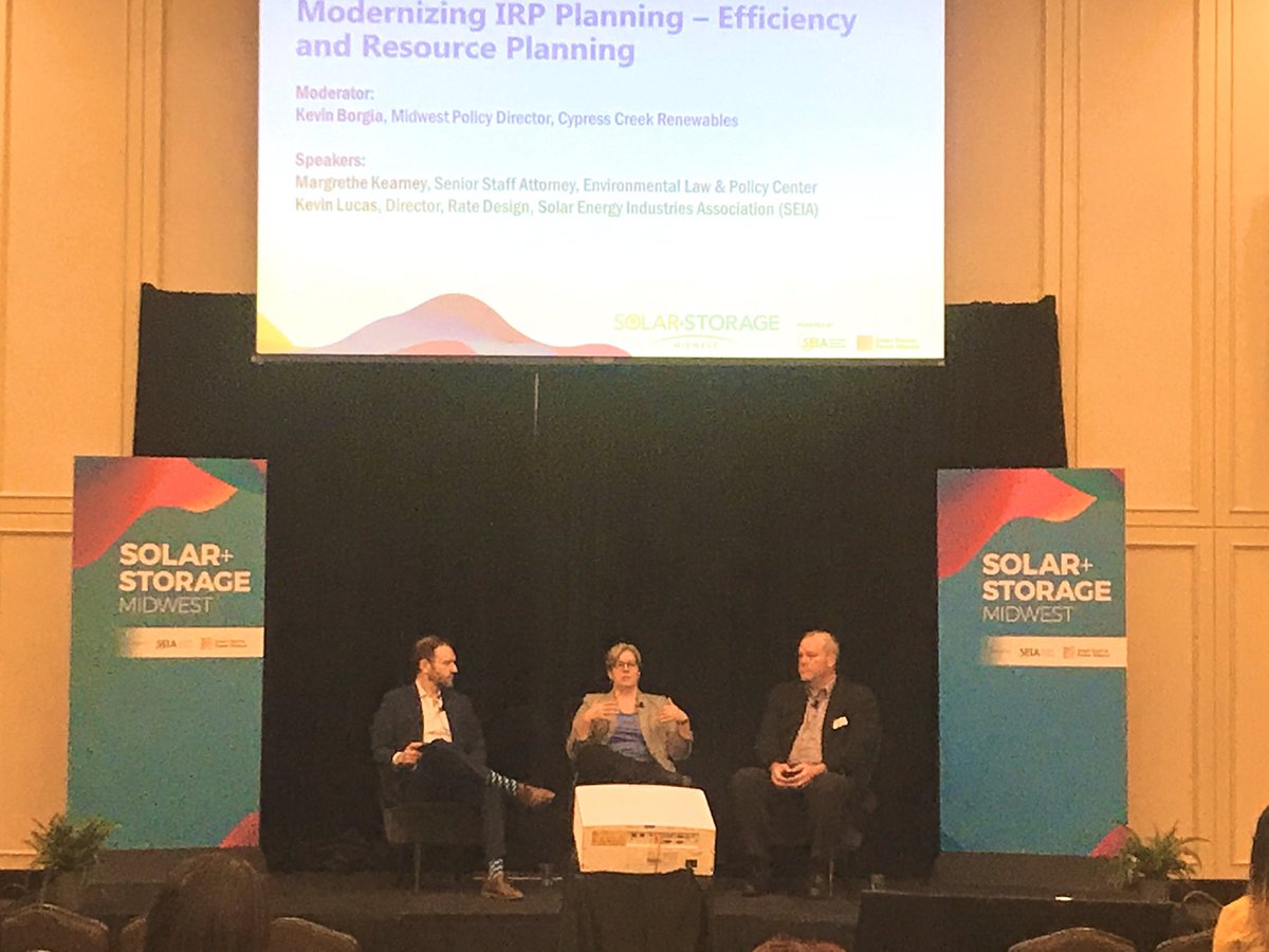 SEIA's tweet photo. A deep dive on state Integrated Resource Plans at #SolarStorageMidwest featuring SEIA’s Kevin Lucas and reps from @ELPCenter and @CCRSolar. https://t.co/qZRDYEyq30