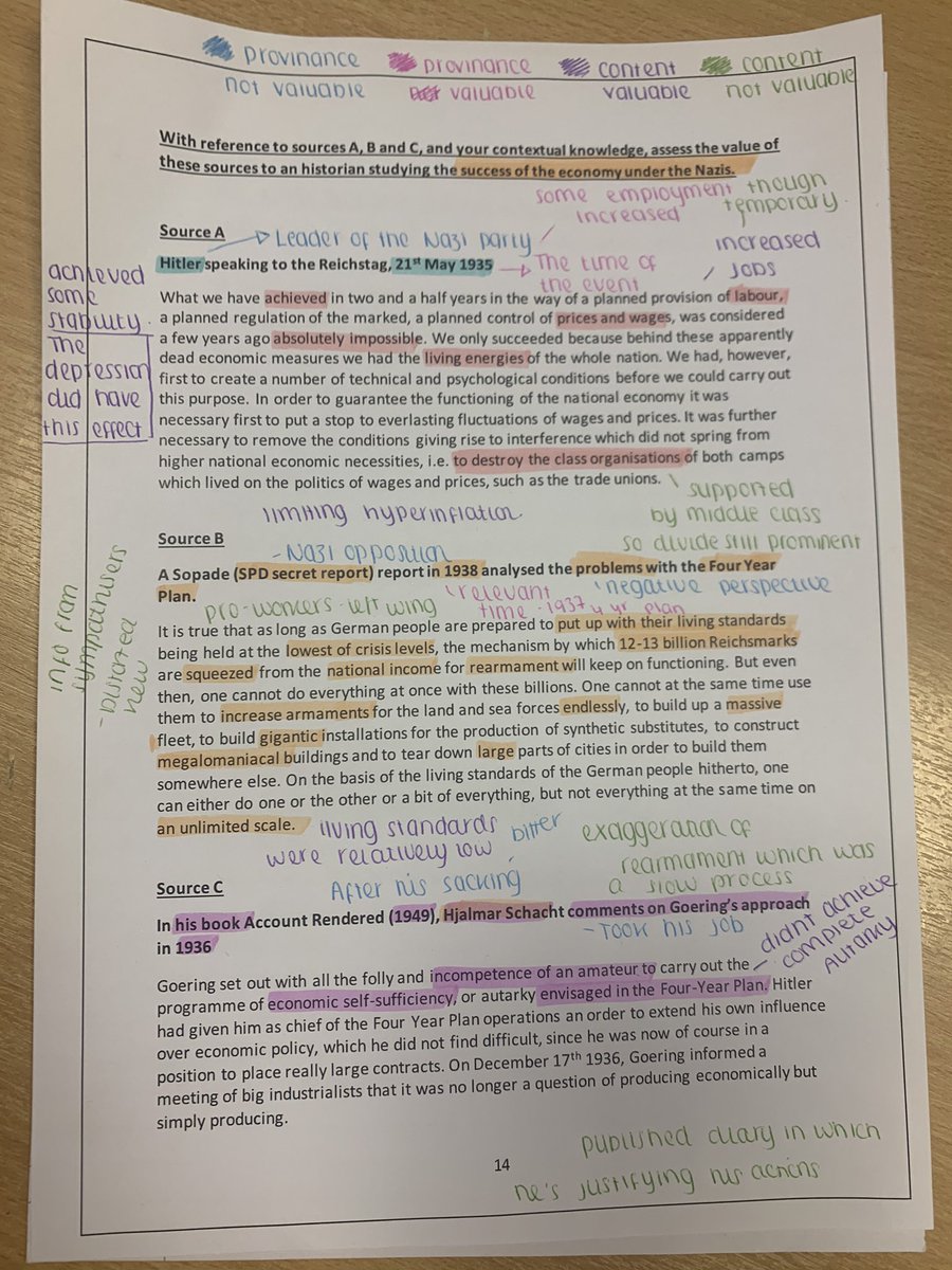 ClaireTHistory's tweet photo. Fantastic source analysis from my 2nd year, especially last thing on a Friday. Using different colours to represent different aspects of the mark scheme really helps with focus #mockready #aqa #germanhistory https://t.co/FSqN9eonUH