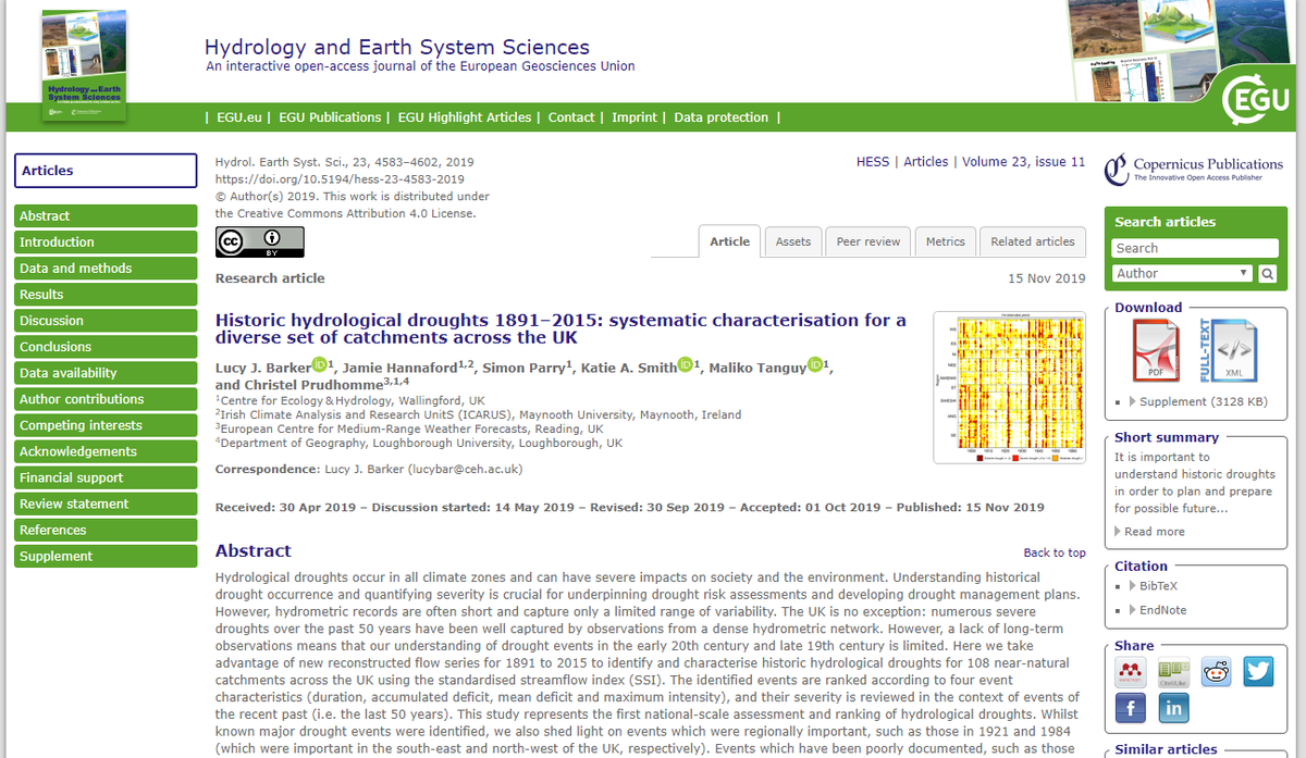 My <a href="/HistDroughtsUK/">Historic Droughts</a> paper has just been published in <a href="/EGU_HESS/">HESS Journal</a> with UK hydrological #drought identification, characterisation &amp; rankings from 1891-2015.  Check it out here ➡️hydrol-earth-syst-sci.net/23/4583/2019/h… #openaccess #HappyFriday