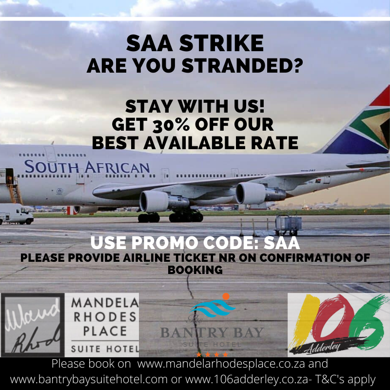 Are you stranded due to the SAA airlines strike? Book with us and get 30% Off our Best Available Rate. Use promo code: SAA. Please visit  buff.ly/2NR00m8 or buff.ly/2lS7IAZ or buff.ly/32OFWoS for the best rates!