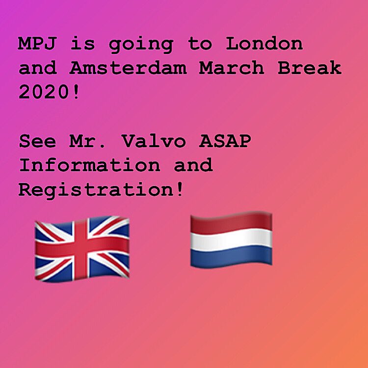 MpjCouncil's tweet photo. We are going to London and Amsterdam for March Break 2020!  See sites like Big Ben, Harry Potter Tour, Anne Frank house and more!  See Mr. Valvo for information! https://t.co/J3t15FJrOt