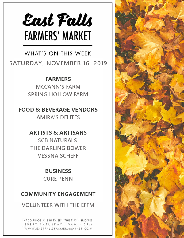 EFFarmersMarket's tweet photo. @FindMuchomas @SEPTA @SCBNaturals @vessnascheff @TheMcCannsFarm @brophysSHF @curepenn UPDATED FLYER.
Remember to keep warm tomorrow! ๐งฃ๐งฅ We can't wait to see you. Our regular Market farmers @TheMcCannsFarm (produce) and @brophysSHF (animal products) will be there, of course!
#EastFalls #Philadelphia #Philly #discoverphilly #discoverPA #farmersmarket https://t.co/vNlywW2sOz