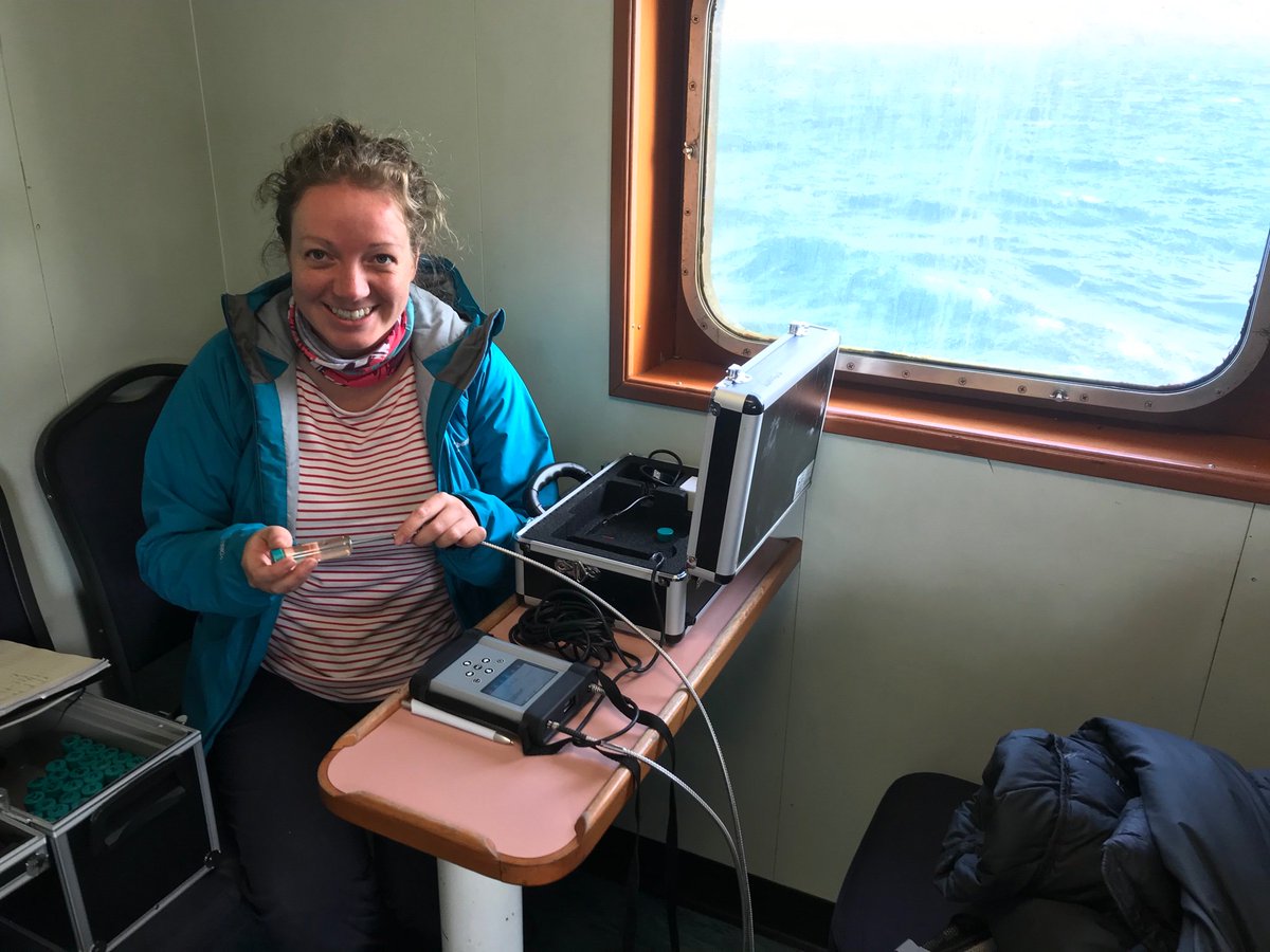StaceyFelgate's tweet photo. @SAERI_FI @CEHScienceNews ...and here I am at 7am today taking oxygen measurements onboard the Falkland Islands Ferry, which is not the weirdest, but certainly one of the wildest places I’ve done this. There were dolphins outside the window! 

#facesoffieldwork #fieldwork #science #WomenInSTEM https://t.co/py5FZZ9eCN
