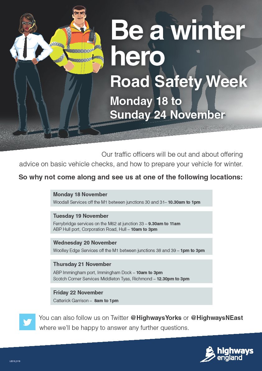 HighwaysYORKS's tweet image. We are gearing up for @Brakecharity #RoadSafetyWeek
It takes place between 18-24 November.
Why not come and see us out on the road, it's all about #VehicleChecks  #RoadSafety be #WinterReady
Help spread the word, RT &amp;amp; Like!
Follow us for regular traffic across the region.