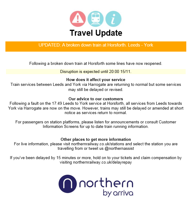 northernassist's tweet image. TRAVEL UPDATE: A broken down train at #Horsforth. #Leeds - #York