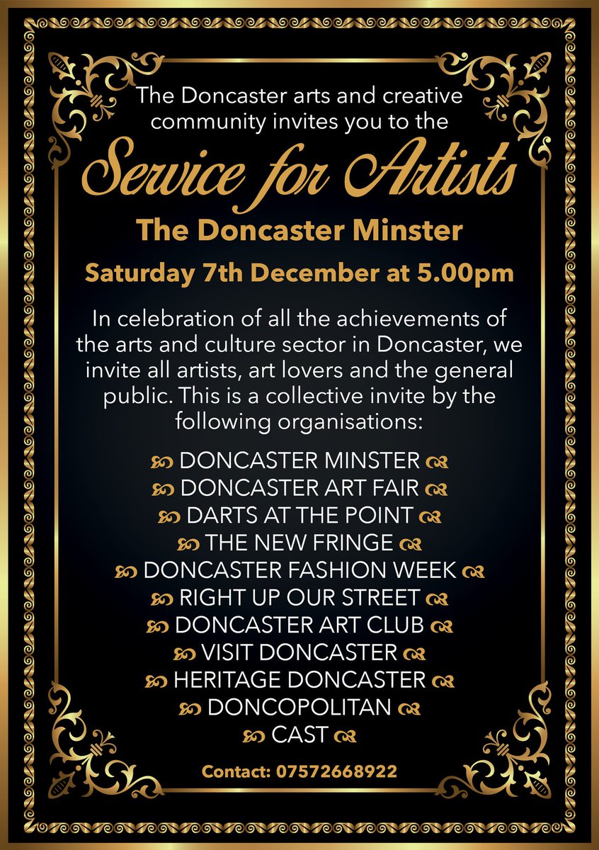 We invite you all to the first Service For Artists at #doncaster #minster 7th Dec. The Doncaster artistic community has achieved great things this year and we want to  celebrate this with you. 
<a href="/castindoncaster/">Cast</a> <a href="/RightUpRStreet/">Right Up Our Street</a> @darts_ThePoint <a href="/VisitDoncaster/">Visit Doncaster</a>
<a href="/Doncaster_Mkts/">Doncaster Markets</a>
#arts