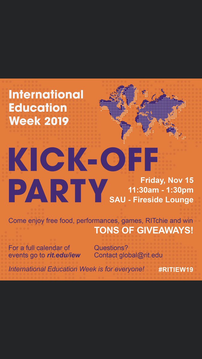 RITStudyAbroad's tweet photo. Hey you....Yes YOU!!! Wondering what to do for lunch? Come checkout the International Education Week Kick Off Party taking place now until 1:30pm in the SAU -Fireside Lounge! https://t.co/ZjVabu1BNW