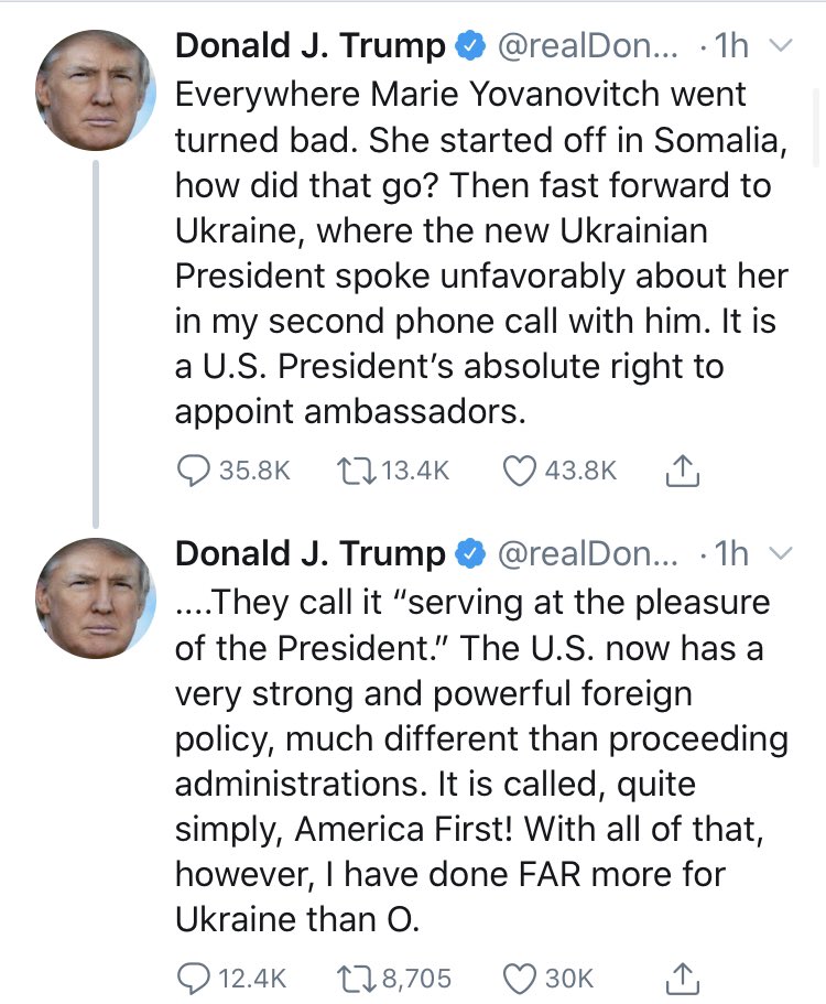 Trump took to Twitter to explain why the Obama-appointed Yovanovitch (who undermined Trump's policy) was not good at her job. Clowns on the Hill and in Media call this expression of opinion - that contains no hint of a threat - "witness intimidation."