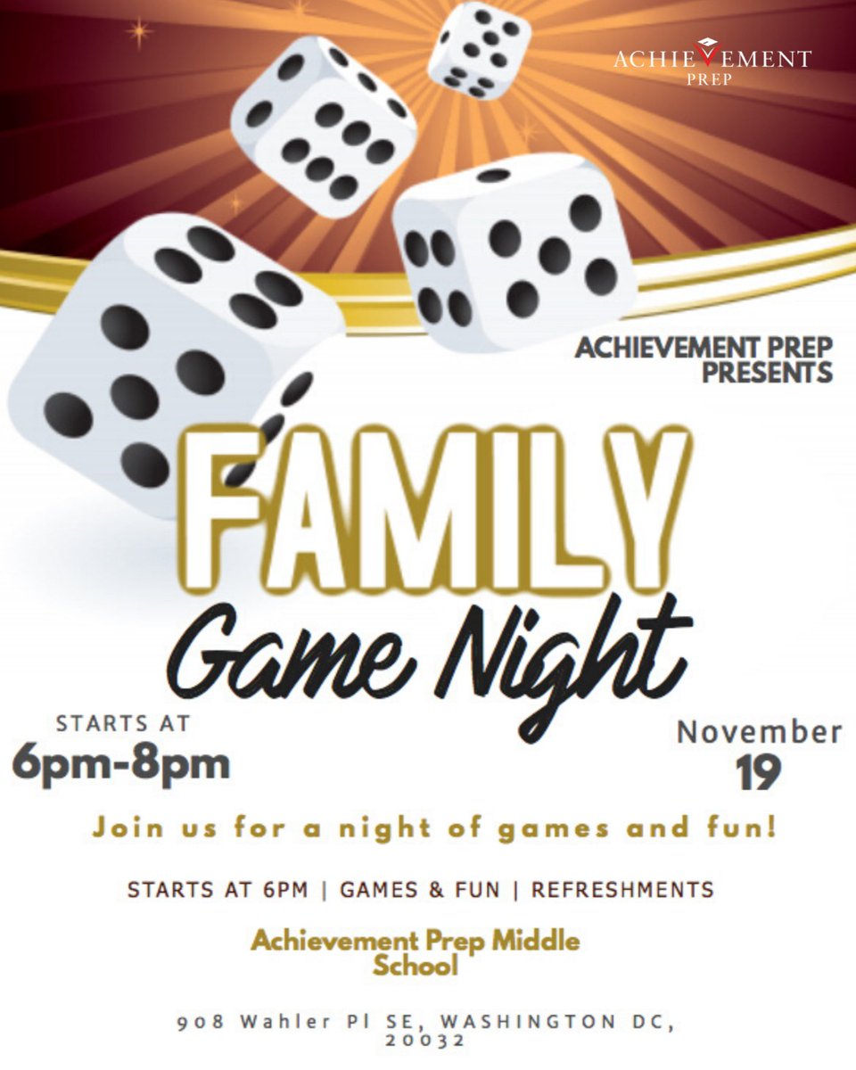 AchievementPrep's tweet photo. 📌Event Reminder: #PlatinumParents and guardians, Join us this week for MS Family Game Night on next Tuesday, November 19th, at 6:00PM! 🎮🎲🕹️#APrepES #APrepMEEvents https://t.co/AmDzoHZfpE