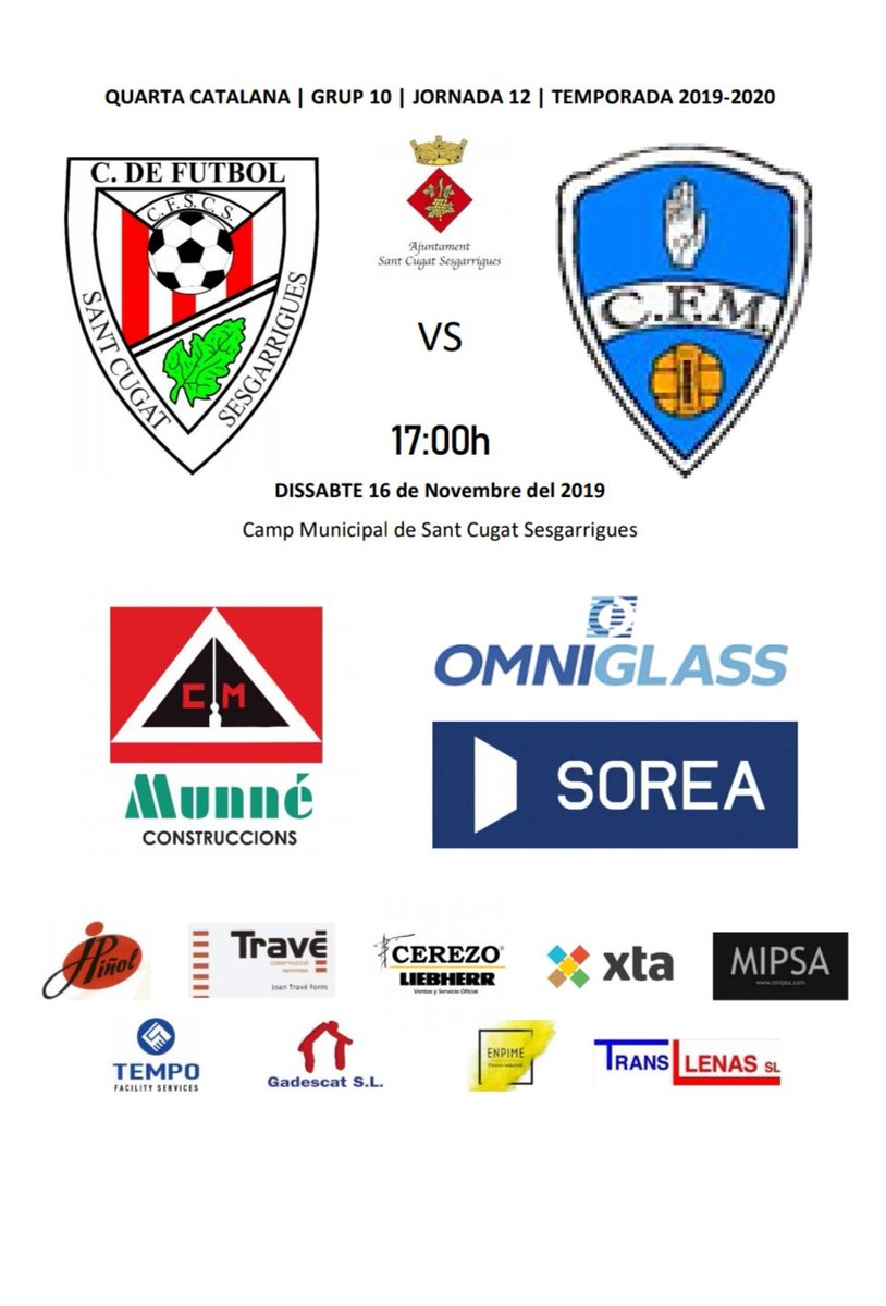 Aquest dissabte, al municipal de Sant Cugat, partit de la jornada 12 contra el <a href="/c_mediona/">C.F.MEDIONA</a> 

A les 17:00h

Socis i aficionats, no hi falteu!!